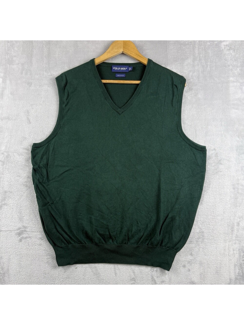 Polo Golf Ralph Lauren Mens L Green 100% Cotton V Neck Sweater Vest Golf Preppy